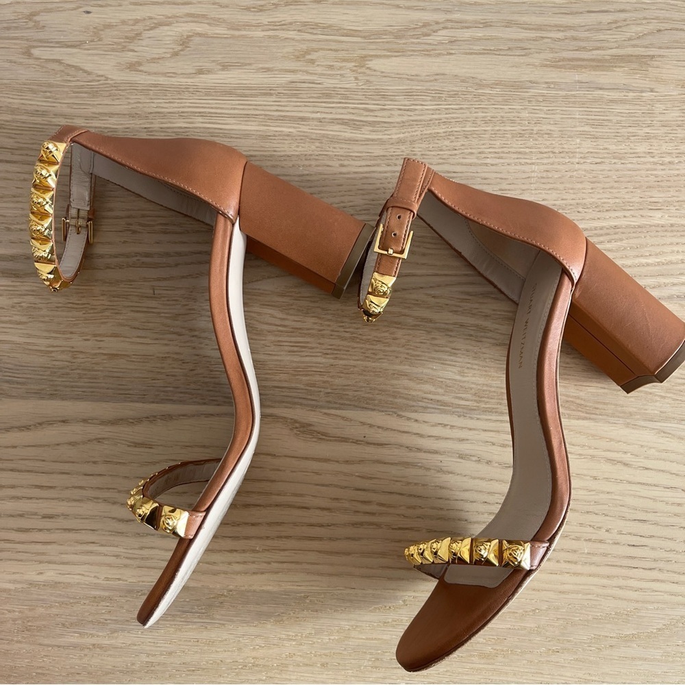 Stuart Weitzman rosemarie block heel cognac Brown Ankle Strap Sandals gold stud - Picture 4 of 12